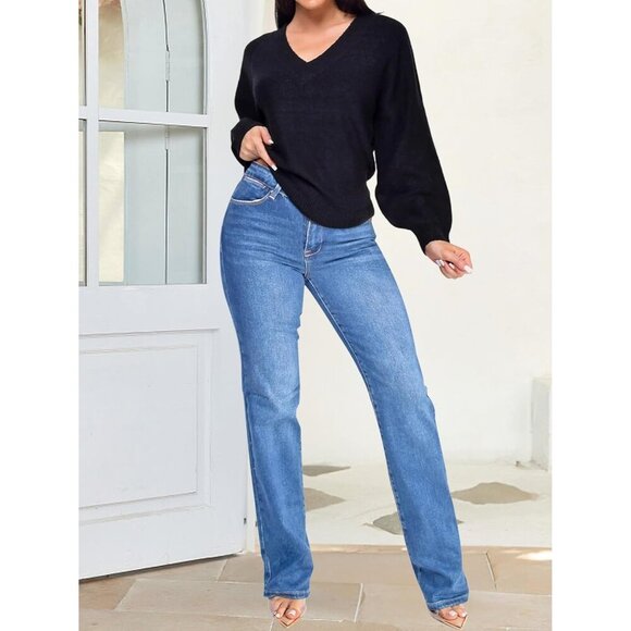 Women's Wide Leg Jeans Stretchy Denim Casual Mid Rise Straight Leg Pants - Picture 6 of 7